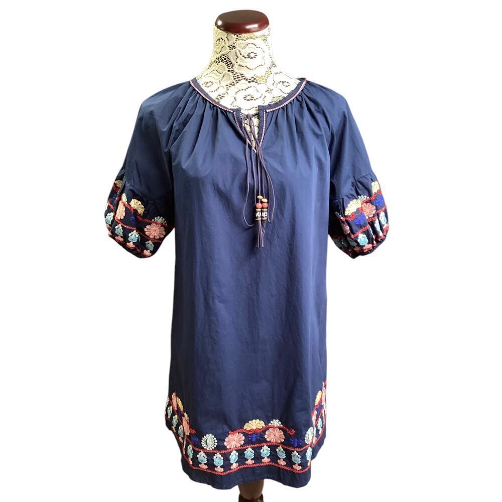Navy blue boho embroidered mini sheath dress sz M